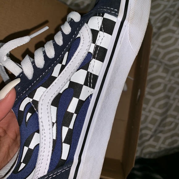 navy blue checkered flame vans